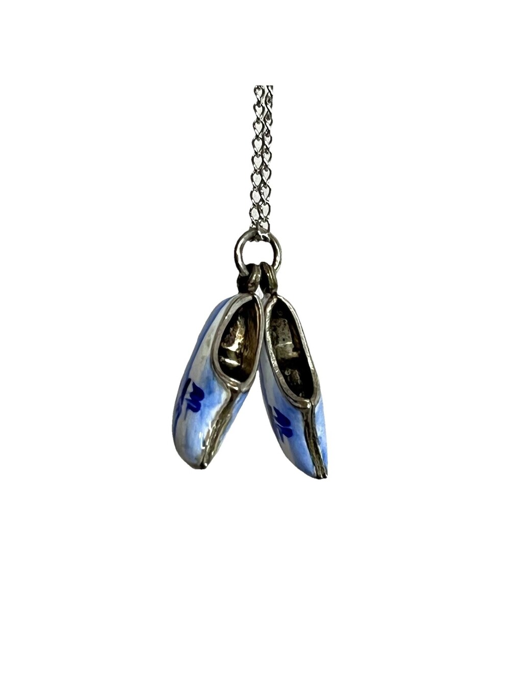 Vtg Sterling Silver Enameled Dutch Holland Clog Shoes Charm Pendant Necklace